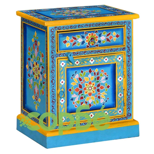 Нощно шкафче, мангово дърво масив, тюркоаз, ръчно рисувано  ➤ топ цена ➤ sorbe.bg