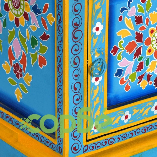 Нощно шкафче, мангово дърво масив, тюркоаз, ръчно рисувано  ➤ топ цена ➤ sorbe.bg