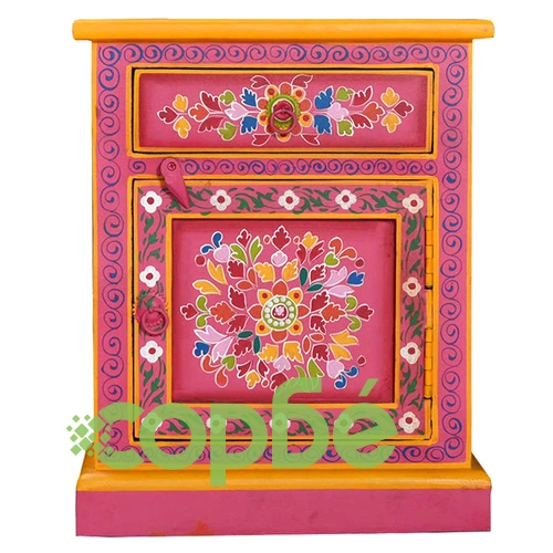 Нощно шкафче, мангово дърво масив, розово, ръчно рисувано  ➤ топ цена ➤ sorbe.bg