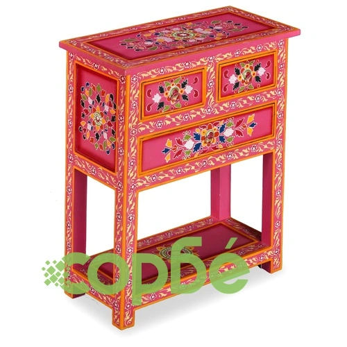 Бюфет с чекмеджета, мангово дърво масив, розов, ръчно рисуван  ➤ топ цена ➤ sorbe.bg