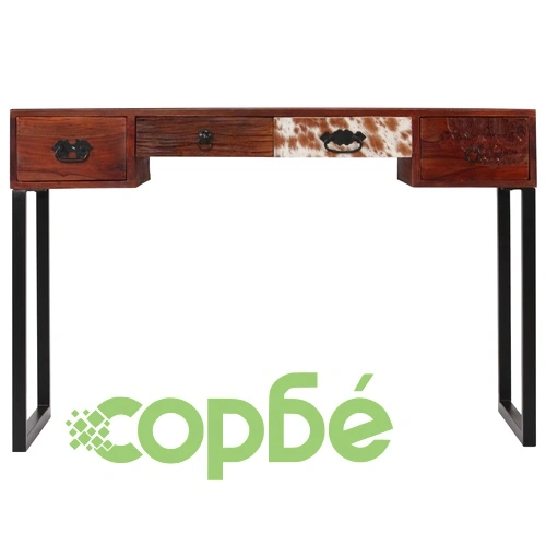 Бюро, акациево дърво масив и естествена кожа, 117x50x76 cм ➤ топ цена ➤ sorbe.bg