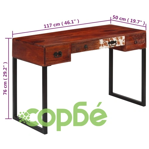 Бюро, акациево дърво масив и естествена кожа, 117x50x76 cм ➤ топ цена ➤ sorbe.bg