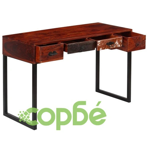 Бюро, акациево дърво масив и естествена кожа, 117x50x76 cм ➤ топ цена ➤ sorbe.bg