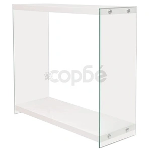 Конзолна масичка с рафт, стъкло и MDF, силен гланц, бяла