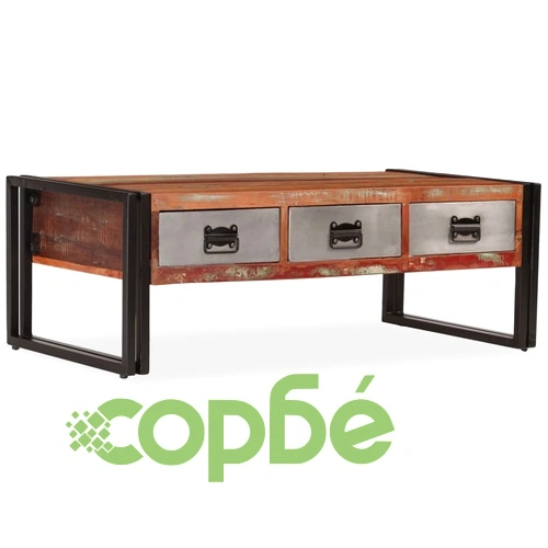 Кафе маса с 3 чекмеджета, рециклирано дърво масив, 100x50x35 cм ➤ топ цена ➤ sorbe.bg