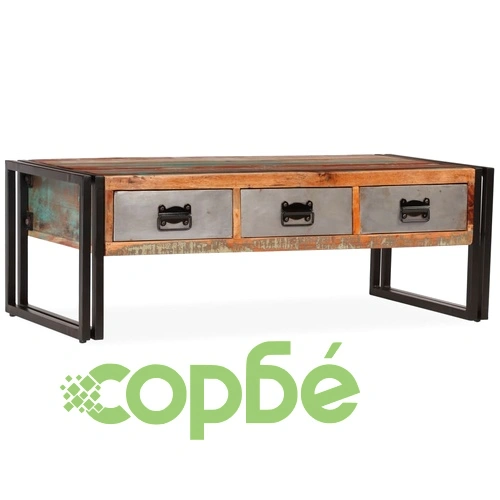 Кафе маса с 3 чекмеджета, рециклирано дърво масив, 100x50x35 cм ➤ топ цена ➤ sorbe.bg