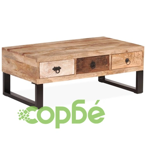 Маса за кафе с 3 чекмеджета, мангово дърво масив, 90x50x35 cм ➤ топ цена ➤ sorbe.bg