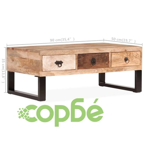 Маса за кафе с 3 чекмеджета, мангово дърво масив, 90x50x35 cм ➤ топ цена ➤ sorbe.bg
