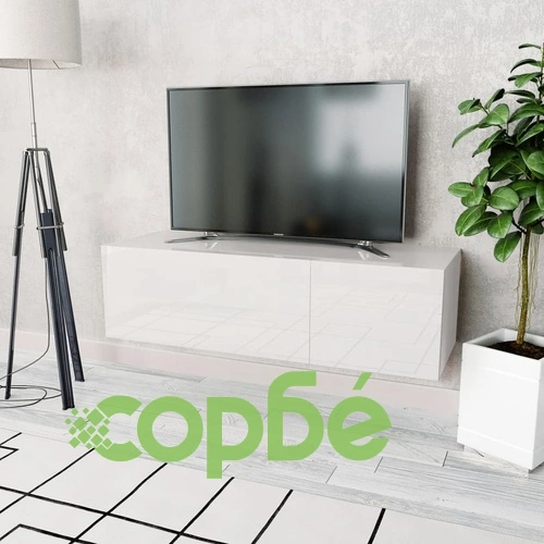 ТВ шкаф, инженерно дърво, 120x40x34 см, силен гланц, бял ➤ топ цена ➤ sorbe.bg
