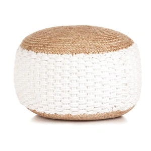Тъкан/плетен пуф, юта и памук, 50x35 см, бял