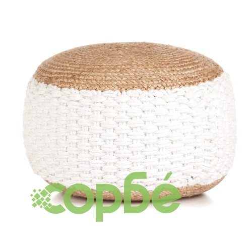 Тъкан/плетен пуф, юта и памук, 50x35 см, бял ➤ топ цена ➤ sorbe.bg