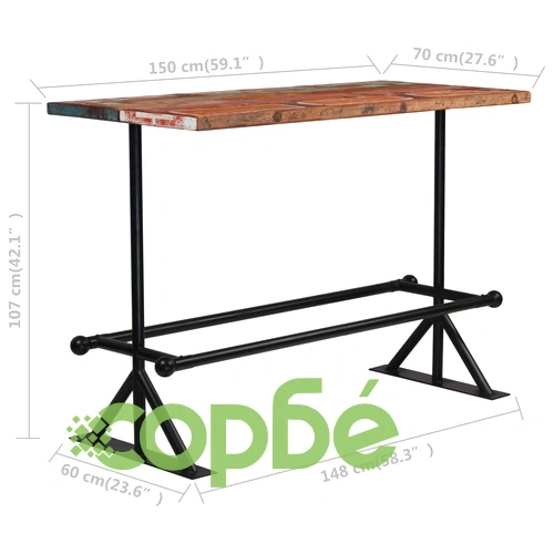 Бар маса, регенерирано дърво масив, многоцветна, 150x70x107 см  ➤ топ цена ➤ sorbe.bg