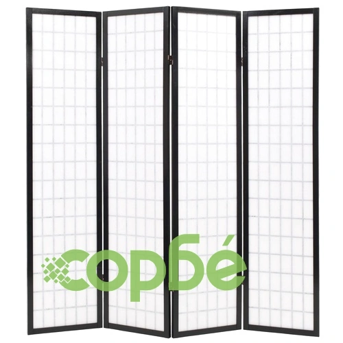 Параван за стая, 4 панела, японски стил, 160х170 cм, черен ➤ топ цена ➤ sorbe.bg