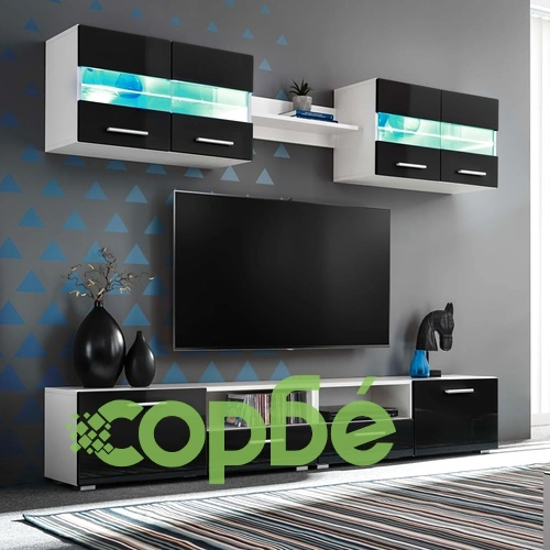 ТВ секция от 5 части с LED осветление, черен гланц ➤ топ цена ➤ sorbe.bg
