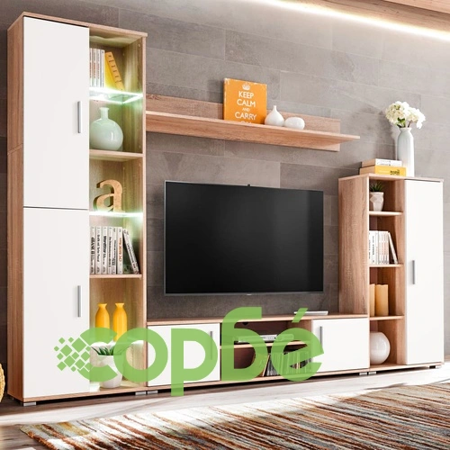 ТВ секция с LED осветление, дъб сонома и бяло ➤ топ цена ➤ sorbe.bg