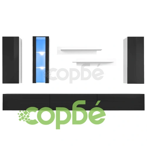 ТВ секция от 8 части с LED осветление, силен гланц, черна ➤ топ цена ➤ sorbe.bg