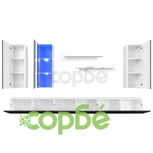 ТВ секция от 8 части с LED осветление, силен гланц, черна ➤ топ цена ➤ sorbe.bg
