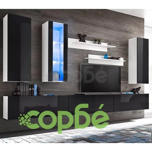 ТВ секция от 8 части с LED осветление, силен гланц, черна ➤ топ цена ➤ sorbe.bg