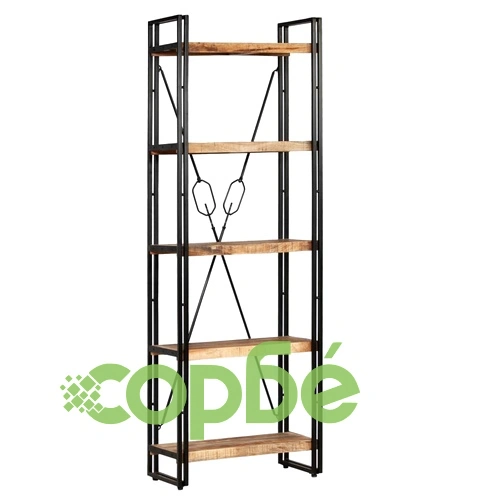 Библиотека с 5 рафта мангово дърво масив и стомана 60x30x180 см ➤ топ цена ➤ sorbe.bg