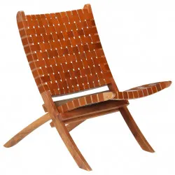 Сгъваем стол, кръстосани ивици, кафяв, естествена кожа