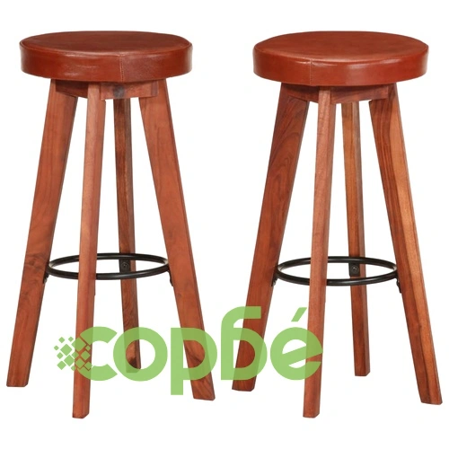 Бар столове, 2 бр, естествена кожа и акациево дърво масив ➤ топ цена ➤ sorbe.bg