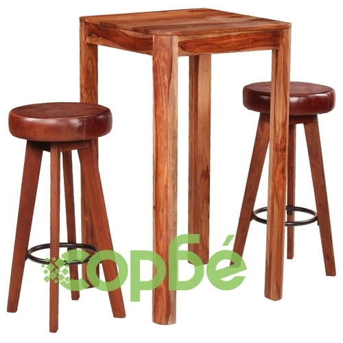 Бар комплект, 3 части, акациево дърво масив и естествена кожа ➤ топ цена ➤ sorbe.bg