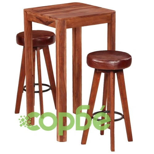 Бар комплект, 3 части, акациево дърво масив и естествена кожа ➤ топ цена ➤ sorbe.bg