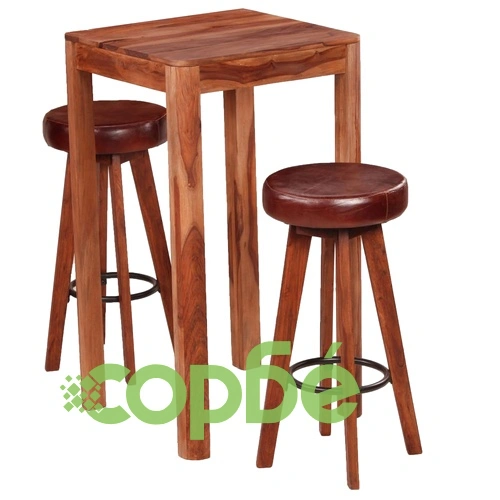 Бар комплект, 3 части, акациево дърво масив и естествена кожа ➤ топ цена ➤ sorbe.bg