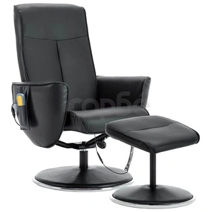 Масажен фотьойл с табуретка за крака, черен, изкуствена кожа