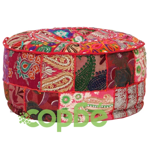Пачуърк кръгъл пуф, памук, ръчна изработка, 40x20 см, червен ➤ топ цена ➤ sorbe.bg