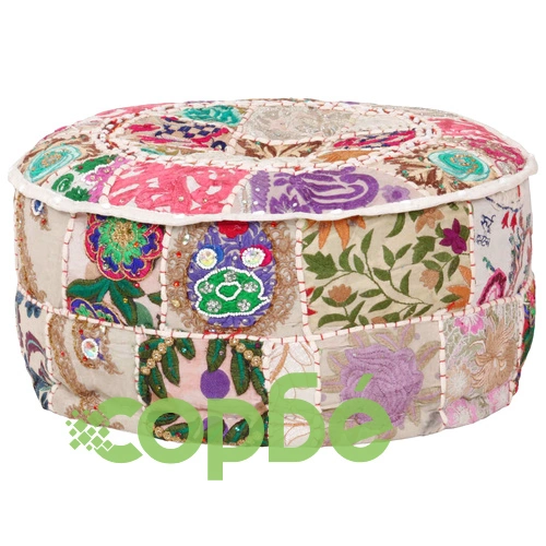 Пачуърк кръгъл пуф, памук, ръчна изработка, 40x20 см, бежов ➤ топ цена ➤ sorbe.bg