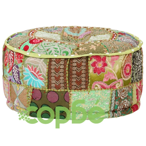 Пачуърк кръгъл пуф, памук, ръчна изработка, 40x20 см, зелен ➤ топ цена ➤ sorbe.bg