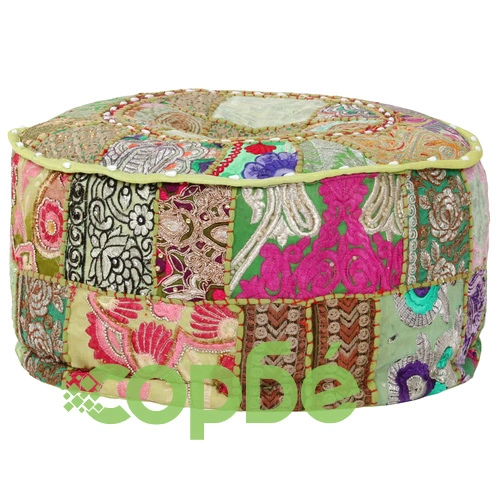 Пачуърк кръгъл пуф, памук, ръчна изработка, 40x20 см, зелен ➤ топ цена ➤ sorbe.bg