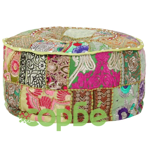 Пачуърк кръгъл пуф, памук, ръчна изработка, 40x20 см, зелен ➤ топ цена ➤ sorbe.bg