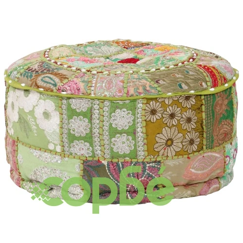 Пачуърк кръгъл пуф, памук, ръчна изработка, 40x20 см, зелен ➤ топ цена ➤ sorbe.bg