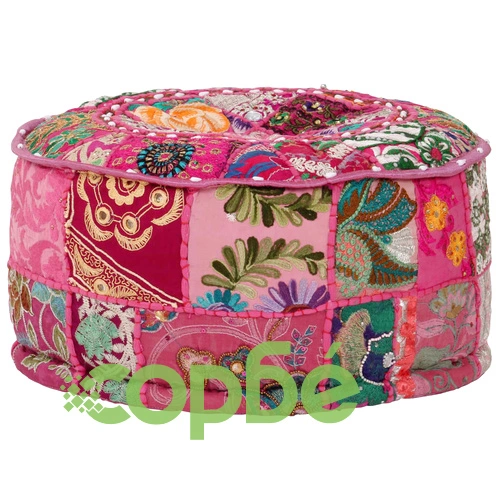 Пачуърк кръгъл пуф, памук, ръчна изработка, 40x20 см, розов ➤ топ цена ➤ sorbe.bg