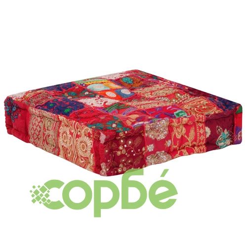 Пачуърк пуф квадратен памук ръчна изработка 50x50x12 см червен ➤ топ цена ➤ sorbe.bg