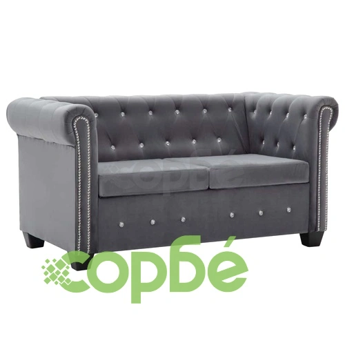 2-местен Честърфийлд диван, кадифе, 146x75x72 см, сив ➤ топ цена ➤ sorbe.bg