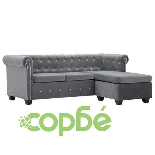 Г-образен диван Честърфийлд тапицерия кадифе 199x142x72 см сив ➤ топ цена ➤ sorbe.bg