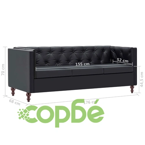 3-местен Честърфийлд диван, тапицерия от изкуствена кожа, черен ➤ топ цена ➤ sorbe.bg