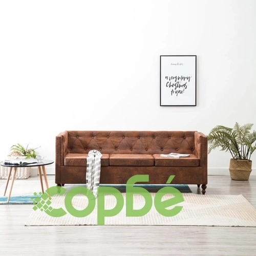 3-местен Честърфийлд диван с тапицерия, подобна на велур, кафяв ➤ топ цена ➤ sorbe.bg