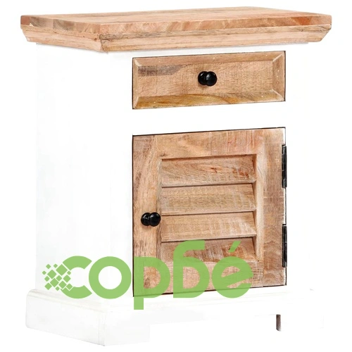 Нощно шкафче, бяло и кафяво, 40x30x50 см, мангово дърво масив ➤ топ цена ➤ sorbe.bg