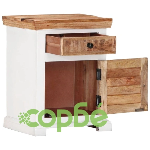 Нощно шкафче, бяло и кафяво, 40x30x50 см, мангово дърво масив ➤ топ цена ➤ sorbe.bg