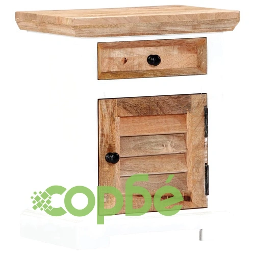 Нощно шкафче, бяло и кафяво, 40x30x50 см, мангово дърво масив ➤ топ цена ➤ sorbe.bg