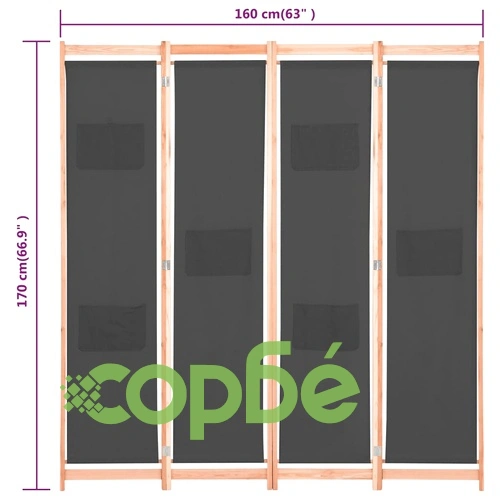 Параван за стая, 4 панела, сив, 160x170x4 cм, текстил ➤ топ цена ➤ sorbe.bg