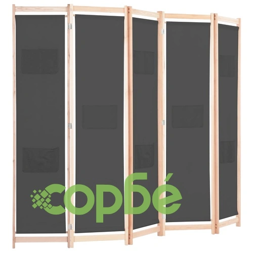 Параван за стая, 5 панела, сив, 200x170x4 cм, текстил ➤ топ цена ➤ sorbe.bg