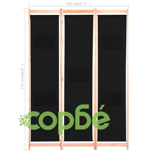 Параван за стая, 3 панела, черен, 120x170x4 cм, текстил ➤ топ цена ➤ sorbe.bg