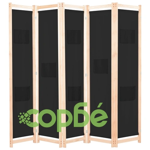 Параван за стая, 5 панела, черен, 200x170x4 cм, текстил ➤ топ цена ➤ sorbe.bg