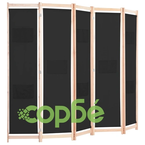 Параван за стая, 5 панела, черен, 200x170x4 cм, текстил ➤ топ цена ➤ sorbe.bg