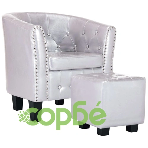 Фотьойл с табуретка за крака блестящо сребрист изкуствена кожа ➤ топ цена ➤ sorbe.bg